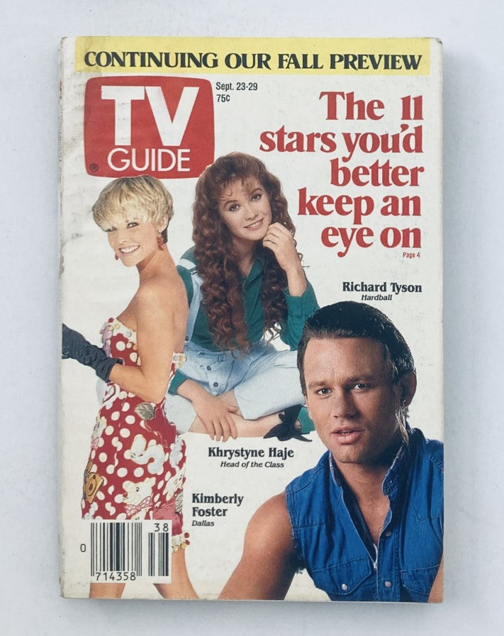 Cover of TV Guide Magazine September 23, 1989 featuring Richard Tyson and stars Khryslyne Haje and Kimberly Foster, highlighting the featured article 'The 11 Stars You'd Better Keep an Eye On'. The magazine is labeled as the Pittsburgh Metropolitan Edition.