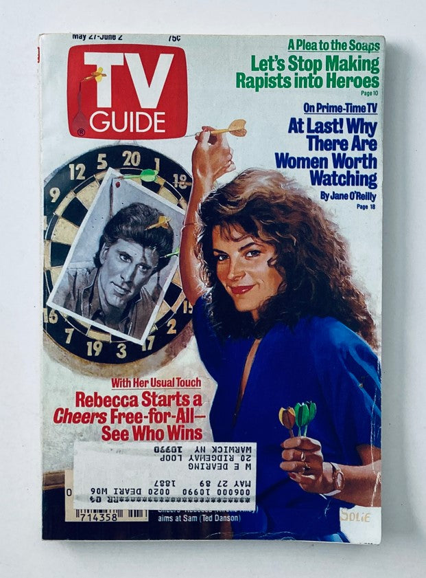 Cover of TV Guide Magazine May 27 1989 featuring Kirstie Alley playing darts with a portrait of Ted Danson in the background, highlighting retro television culture.