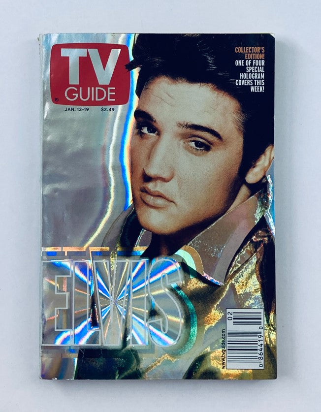 TV Guide Magazine cover from January 13, 2001 featuring Elvis Presley hologram, Detroit Edition. A shiny cover image showcasing a young Elvis Presley with his signature hairstyle.