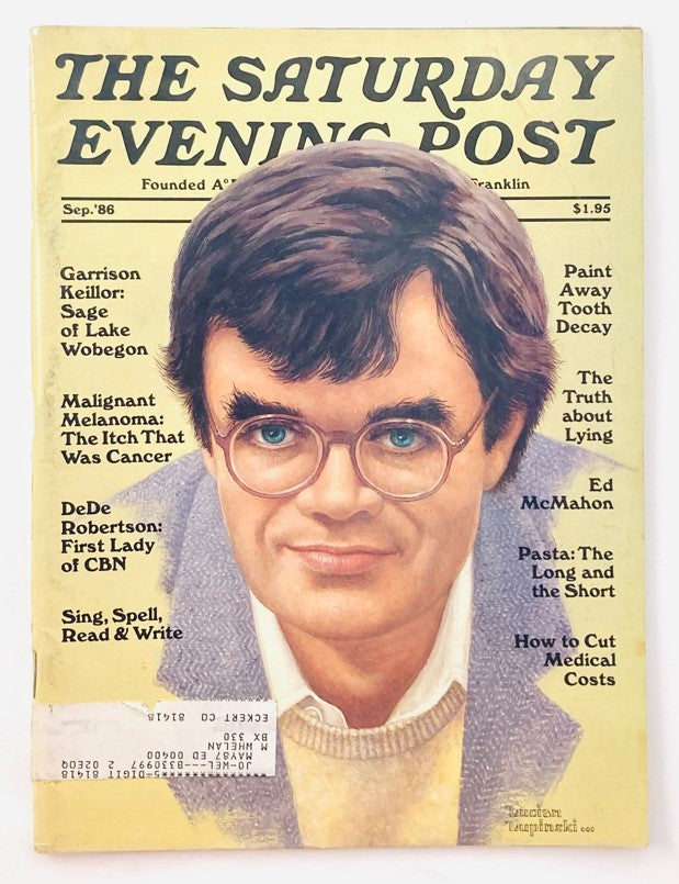 Cover of the Saturday Evening Post Magazine September 1986 featuring Garrison Keillor, with a detailed illustration by Lucian Lupinski, showcasing articles on various topics such as health and lifestyle.