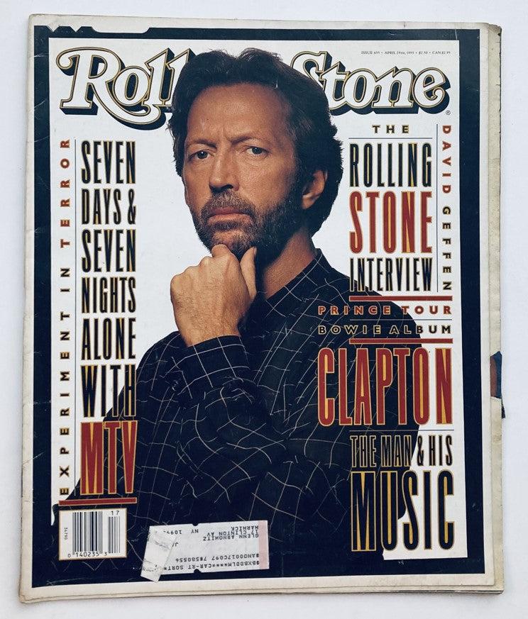 Cover of Rolling Stone Magazine April 29, 1993, Issue 655 featuring Eric Clapton, titled 'The Man & His Music', showcasing a portrait of Clapton with bold text highlights.