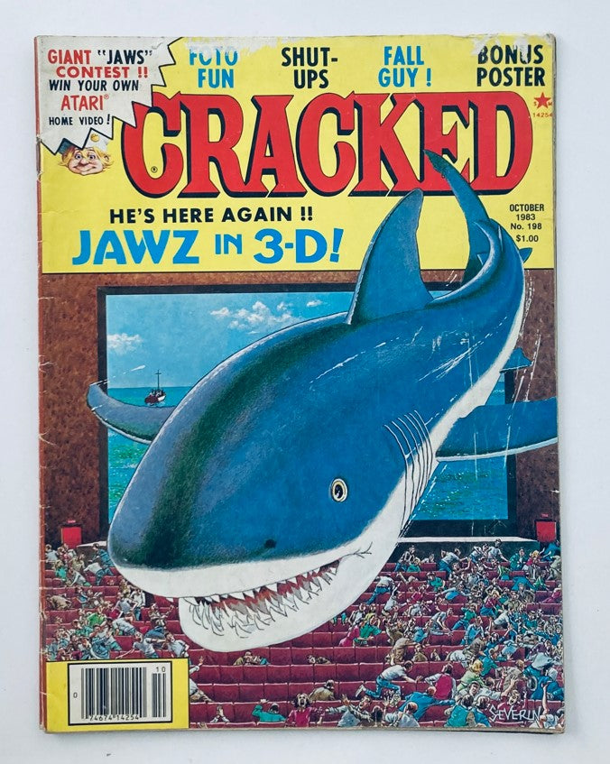 Vintage Cracked Magazine October 1983 No. 198 featuring 'Jawz in 3-D' cover illustration with a large blue shark, a cinema audience below, and retro comic elements.