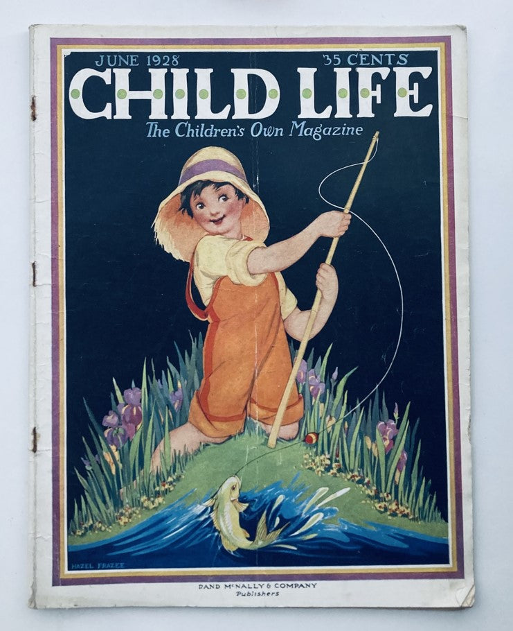 Cover of the VTG Child Life Magazine June 1928, featuring a young boy fishing, titled 'The Children's Own Magazine'.
