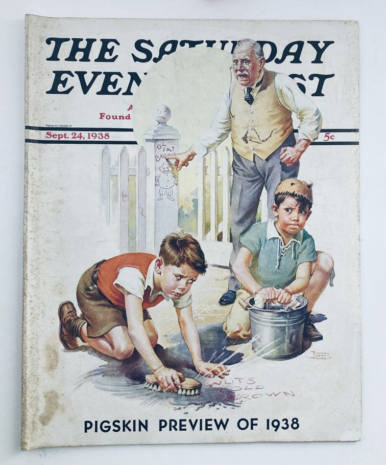 Cover of The Saturday Evening Post September 24, 1938, featuring the artwork 'Pigskin Preview of 1938' with children playing and an adult supervising.