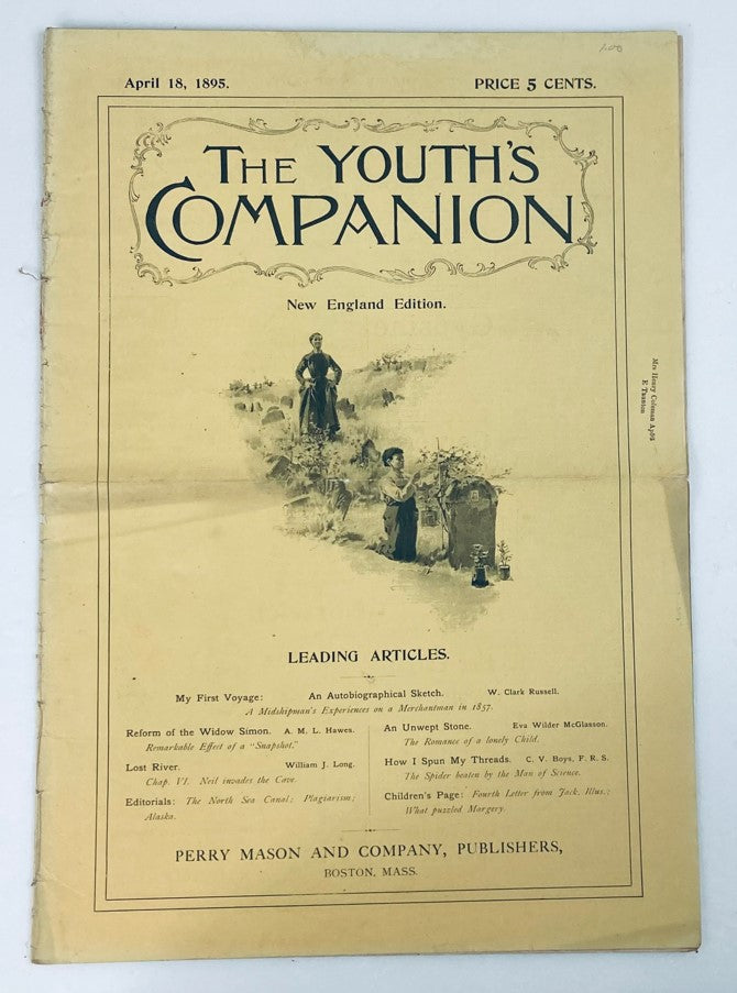 Cover of VTG The Youth's Companion Magazine April 18, 1895 showcasing the title and illustration related to the leading articles of the issue.