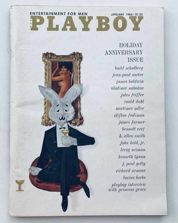 VTG Playboy Magazine January 1966 cover featuring Playmate Judy Tyler, an illustration of a rabbit in a tuxedo, and the title prominently displayed.