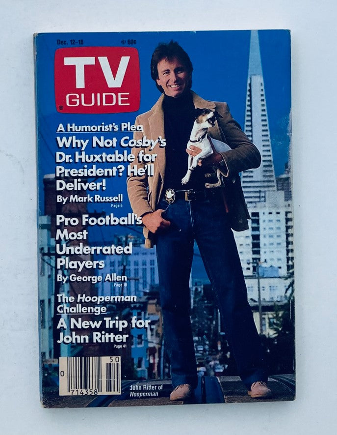 Cover of TV Guide Magazine from December 12, 1987 featuring John Ritter, promoting The Hooper Man and articles on football and Cosby.