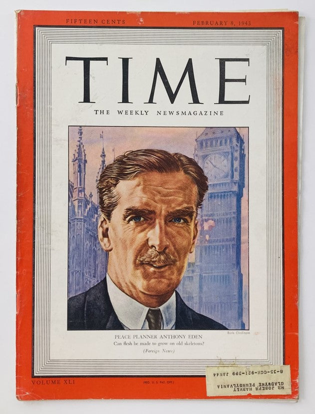 Cover of VTG Time Magazine February 8 1943, Volume 41 No. 6 featuring Peace Planner Anthony Eden with historic imagery reflecting World War II.