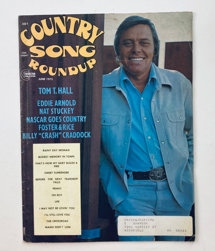 Cover of VTG Country Song Roundup Magazine June 1975 featuring Tom T. Hall and Eddie Arnold, showcasing iconic country music figures and nostalgic elements.