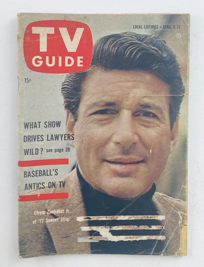 TV Guide Magazine April 9 1960 featuring Efrem Zimbalist Jr. on the cover, showcasing magazine details and local listings.