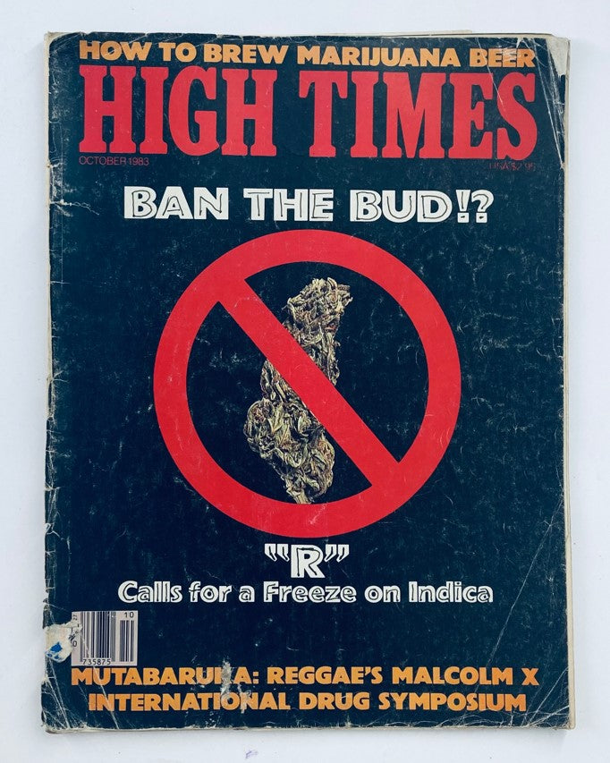 VTG High Times Magazine October 1983 #98 cover featuring a bold headline 'How to Brew Marijuana Beer' and an illustration of marijuana with a prohibition symbol, reflecting cannabis culture history.