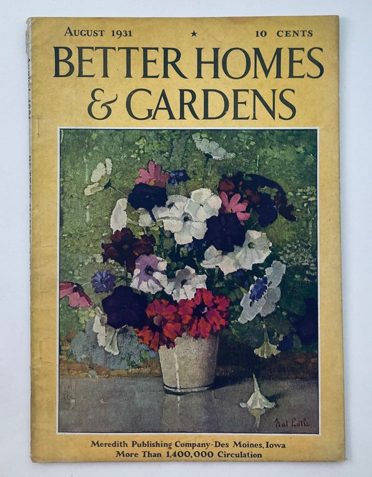 Cover of Better Homes & Gardens Magazine August 1931 featuring an artistic illustration of a floral arrangement with the title 'Garden Thoughts in August'.
