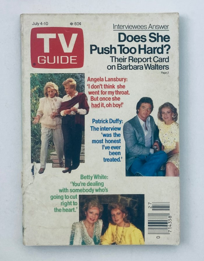 TV Guide Magazine from July 4, 1987 featuring Patrick Duffy on the cover with an article discussing his interview and comments from Angela Lansbury and Betty White.