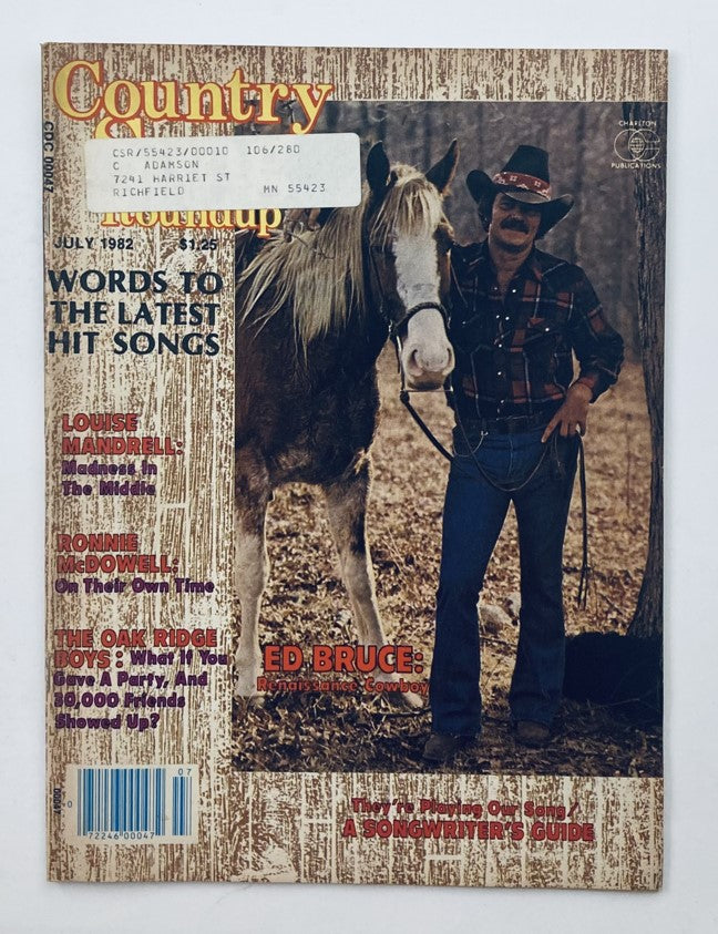 Cover of the VTG Country Song Roundup Magazine July 1982 featuring Ed Bruce with a horse, showcasing vintage country music culture.
