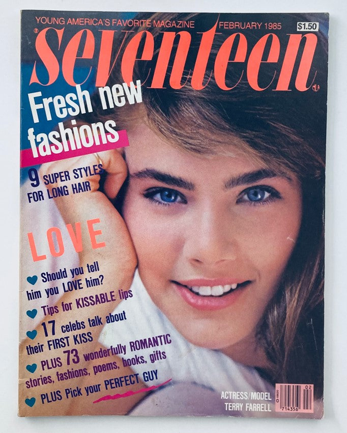 Cover of VTG Seventeen Magazine February 1985 featuring actress and model Terry Farrell, highlighting fashion trends and beauty tips of the 1980s.