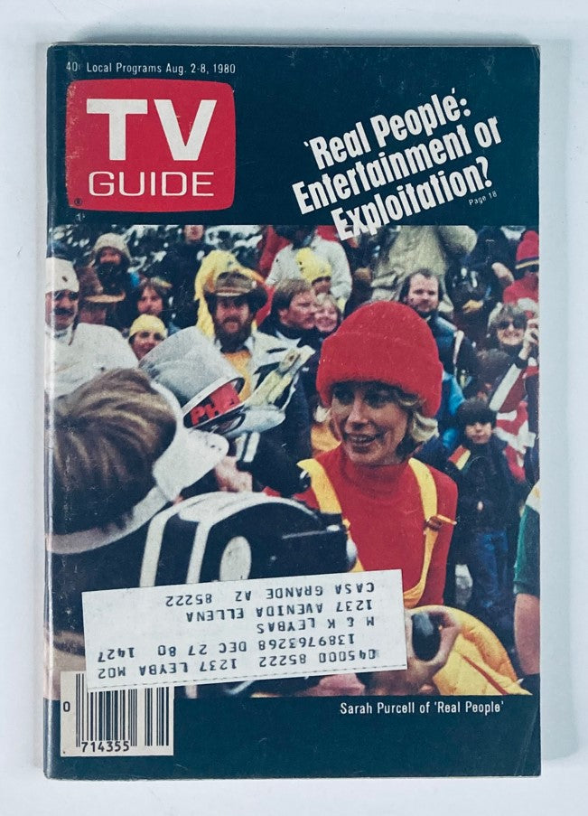 Cover of TV Guide Magazine August 2, 1980, issue number 1427 featuring Sarah Purcell from 'Real People', showcasing a crowd and the headline 'Real People: Entertainment or Exploitation?'. A vintage collectible highlighting 1980s television culture.