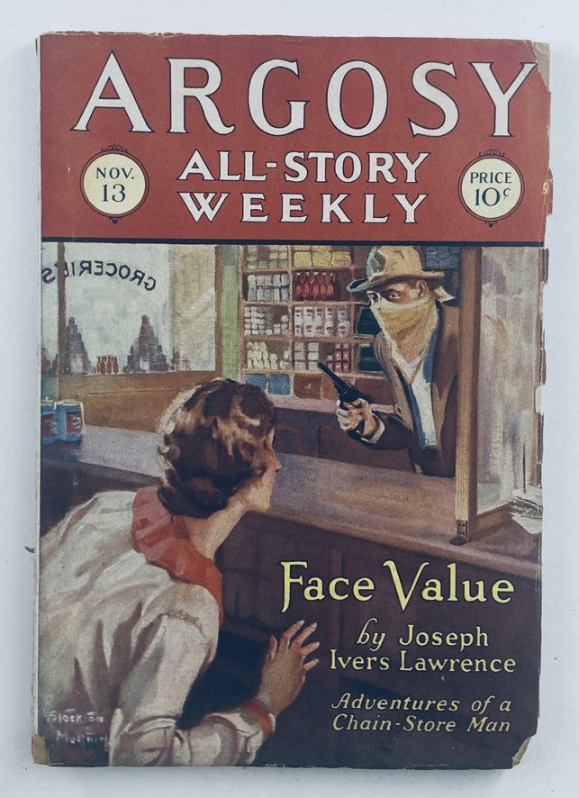 Cover of VTG Argosy Magazine from November 13, 1926 featuring the title 'Face Value' by Joseph Ivers Lawrence; vintage illustration depicting a grocery store scene.