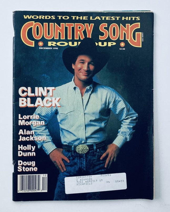 Cover of VTG Country Song Roundup Magazine December 1990 featuring Clint Black and Lorrie Morgan, showcasing country music artists and articles from the era.