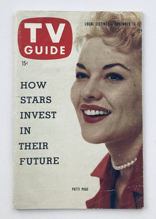 Cover of TV Guide Magazine November 16 1957 featuring Patti Page, showcasing classic television themes and vintage design.