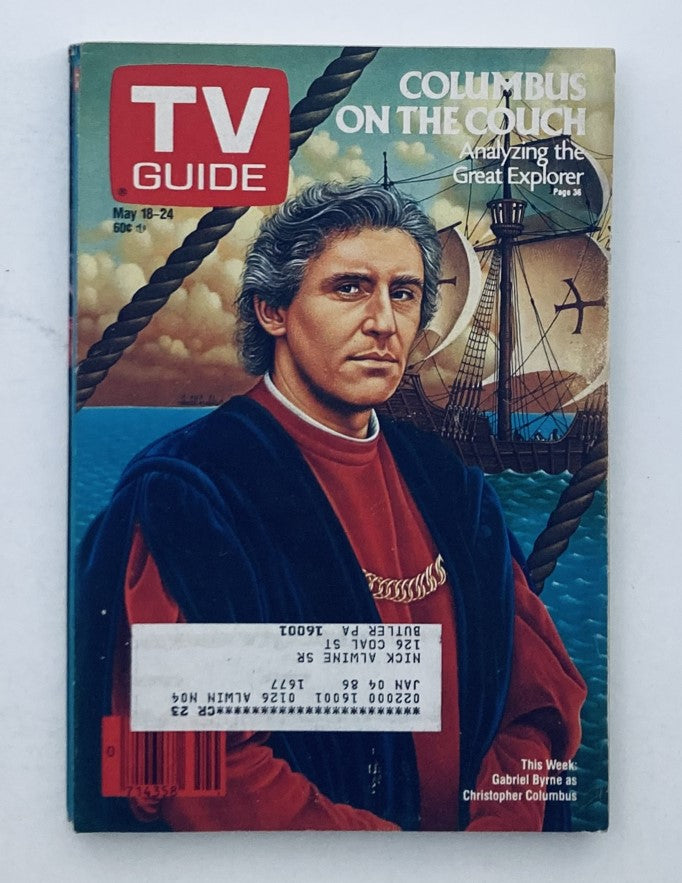 TV Guide Magazine cover from May 18, 1985, featuring Gabriel Byrne as Christopher Columbus, highlighting exploration and television entertainment.