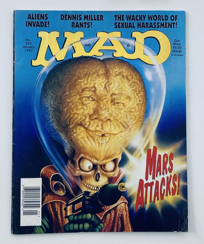 Cover of Mad Magazine January 1997 #353 featuring the theme 'Mars Attacks!' with a humorous illustration of an alien holding a weapon and a large human face on its head.