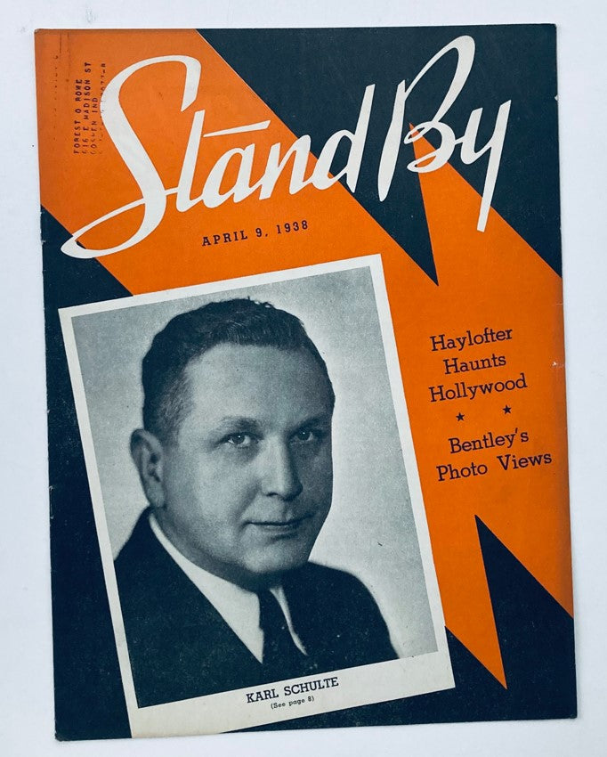 Cover of VTG Stand By Magazine dated April 9, 1938 featuring Karl Schulte, showcasing vintage design and photo views.
