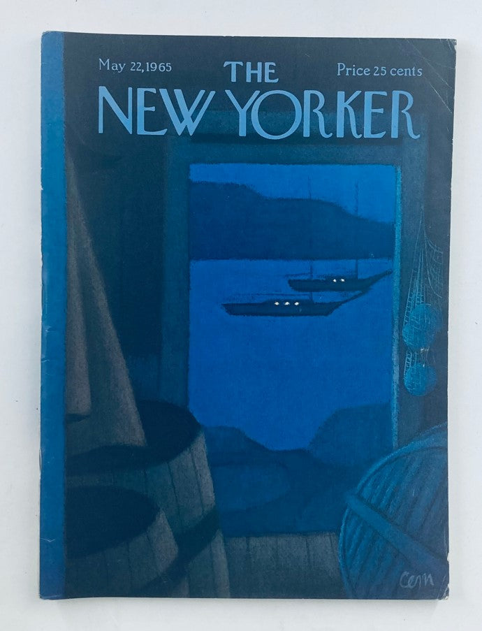 The New Yorker Full Magazine May 22, 1965 cover featuring a serene illustration of sailboats by Charles E. Martin, showcasing a nighttime maritime scene.