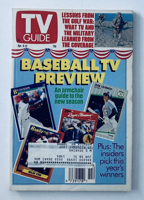 TV Guide Magazine April 6 1991 featuring baseball highlights, including covers with Jose Canseco and Roger Clemens, alongside sports memorabilia previews.