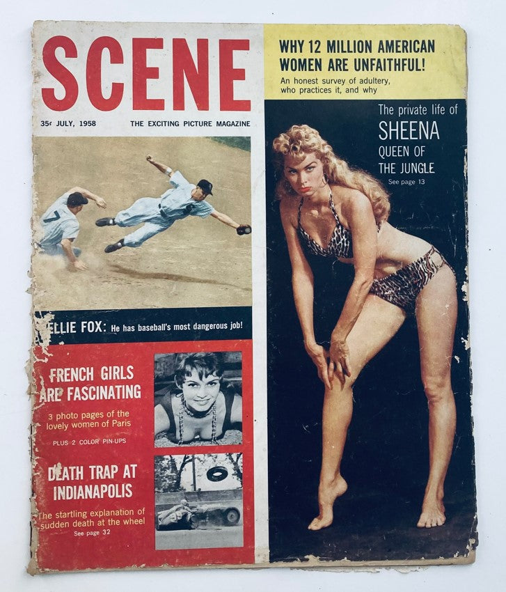 VTG Scene Magazine July 1958 Vol 4 No 6 cover featuring Irish McCalla in a striking swimsuit pose alongside headlines about sports and lifestyle articles.