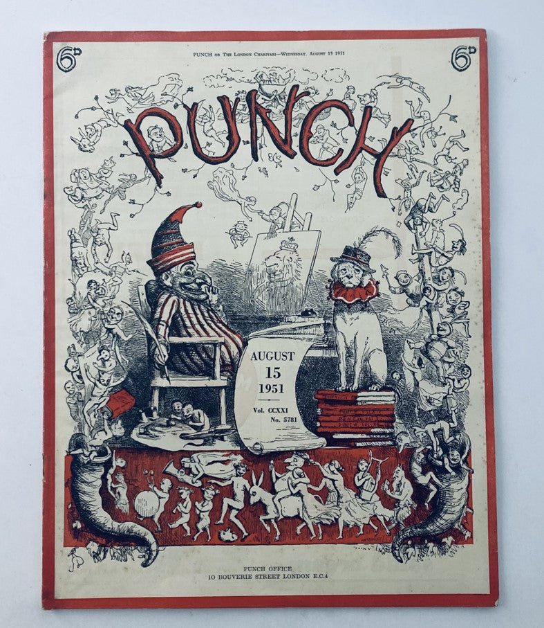 Cover of VTG Punch Magazine August 15 1951 Vol 221 No 5781 featuring humorous illustrations and cartoons related to post-World War II themes.