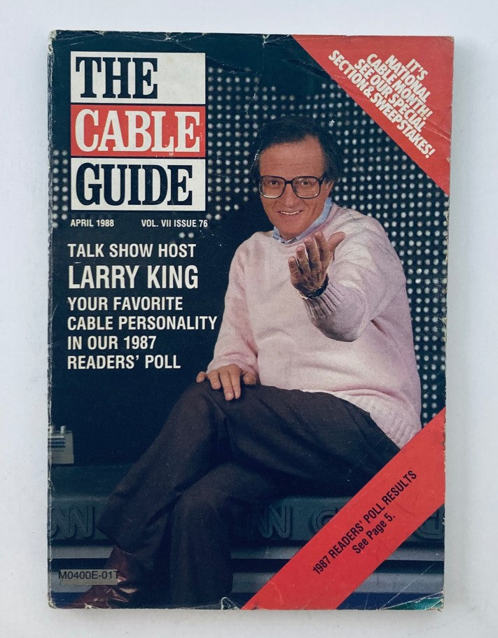 Cover of The Cable Guide Magazine, April 1988, featuring Larry King and the headline 'Talk Show Host Larry King, Your Favorite Cable Personality in Our 1987 Readers Poll'.