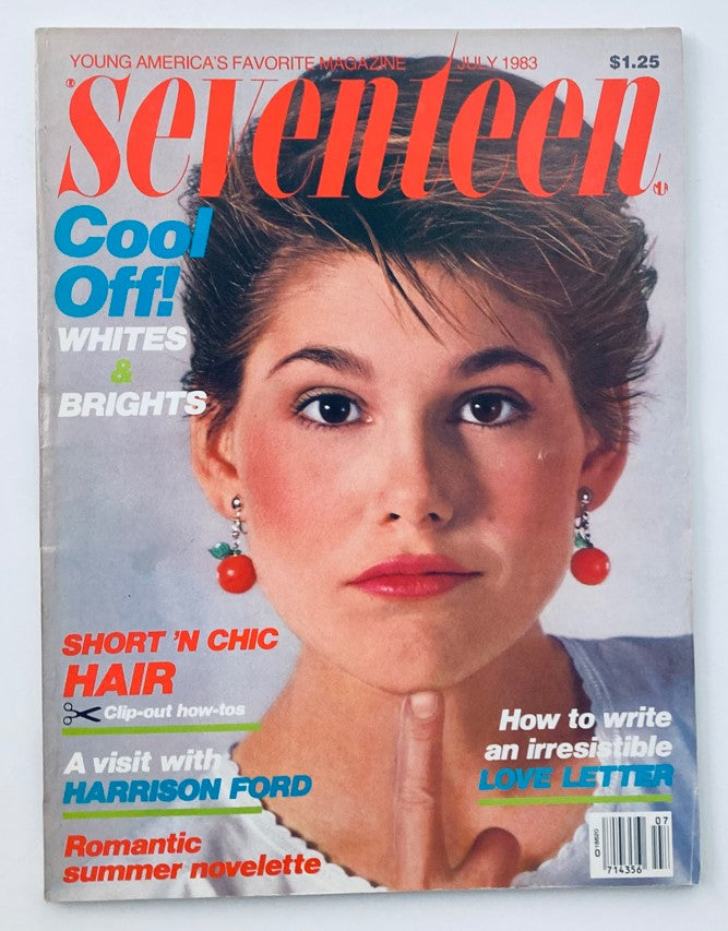 VTG Seventeen Magazine July 1983 cover featuring a model with short hairstyle, earrings, and lipstick, highlighting an interview with Harrison Ford and articles on fashion, beauty, and romantic summer stories.