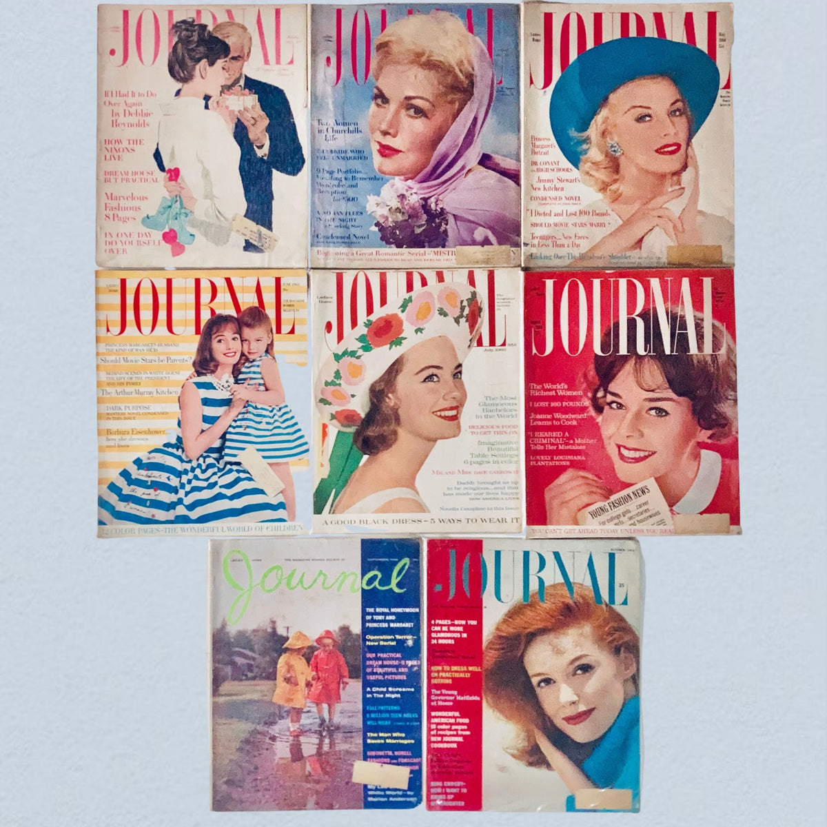 VTG Ladies' Home Journal Magazine Lot of 8 1960 Color Fashion Ads featuring vibrant covers showcasing vintage fashion, hairstyle trends, and advertising illustrations from the 1960s, ideal for collectors and retro decor enthusiasts.