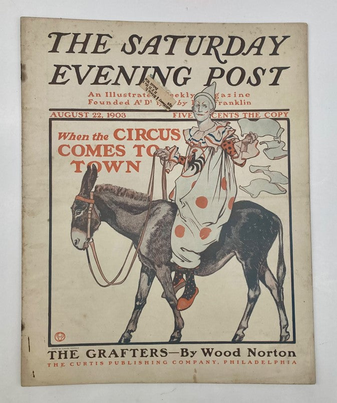 Saturday Evening Post Cover August 22 1903 Circus Comes to Town featuring a clown on a donkey in colorful attire.