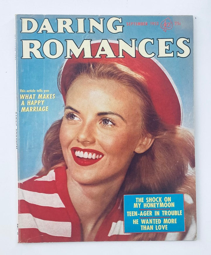Cover of VTG Daring Romances Magazine September 1953 featuring a smiling young woman in a red hat and striped shirt, showcasing the vintage romantic theme.