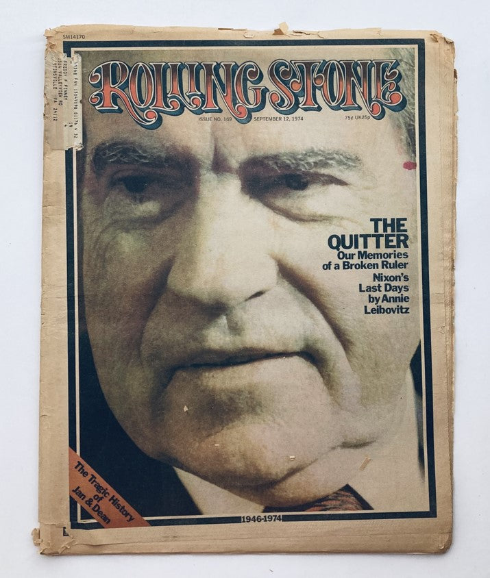 Cover of VTG Rolling Stone Magazine September 12, 1974, Issue 169 featuring a close-up portrait of Richard Nixon, with the headline 'THE QUITTER' and additional text about Nixon's last days.