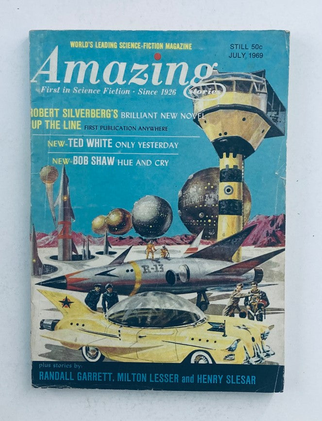 Amazing Science Fiction Stories Magazine July 1969 cover featuring 'The Poison Pen', art showcasing spacecraft and futuristic landscapes.