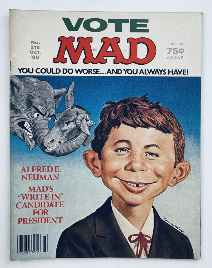 Cover of Mad Magazine October 1980 No. 218 featuring Alfred E. Neuman as the write-in candidate for President, with humorous illustrations of elephants and donkeys.