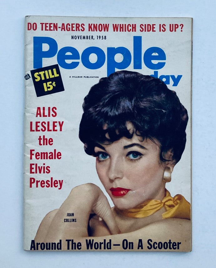 VTG People Today Magazine November 1958 Cover featuring Joan Collins and Alis Lesley with the headline on vintage style layout, showcasing the glamour of the late 1950s.