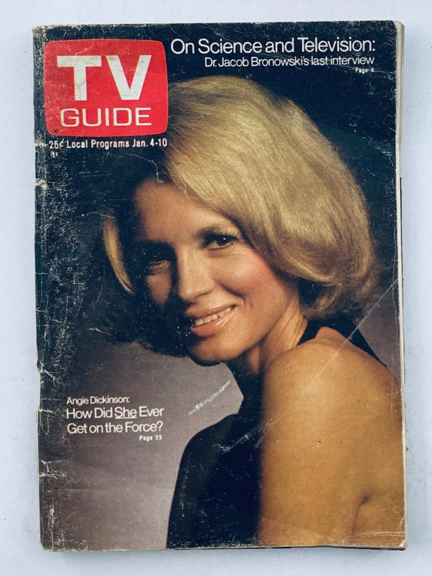 Cover of TV Guide Magazine January 4 1975 featuring Angie Dickinson with a headline about her and an article titled 'How Did She Ever Get on the Force?'. The magazine focuses on TV programming, science, and features.