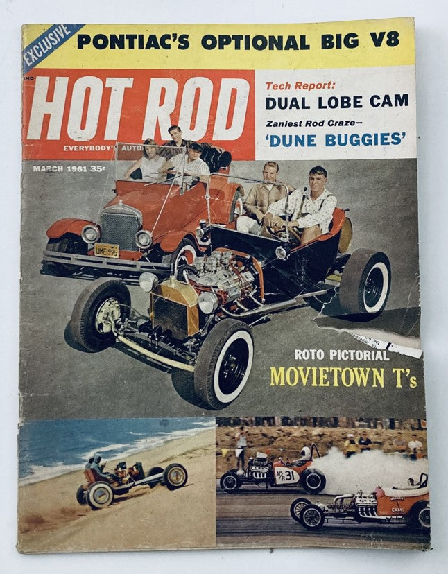 Cover of VTG Hot Rod Magazine March 1961 Vol 14 No. 3 featuring the zaniest road craze 'Dune Buggies', showcasing a classic car on the front with scenic beach images and lively off-road vehicles.