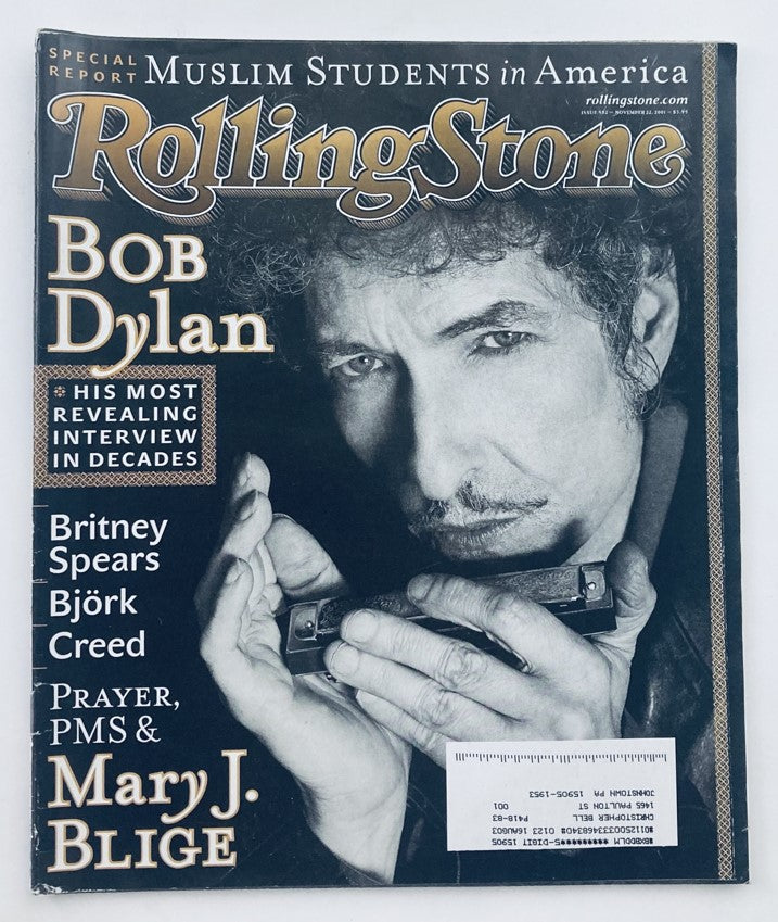 Cover of Rolling Stone Magazine November 22, 2001 Issue 882 featuring Bob Dylan with harmonica, highlighting his revealing interview and including mentions of Britney Spears, Björk, Creed, and Mary J. Blige.