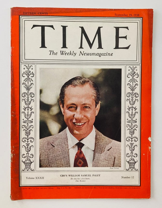 Vintage Time Magazine cover dated September 19, 1938, Volume 32, Number 12, featuring CBS's William Samuel Paley. The cover includes a photograph of Paley smiling, alongside the iconic Time Magazine branding, showcasing a piece of media history.