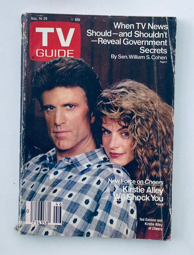 TV Guide Magazine cover from November 14, 1987 featuring Ted Danson and Kirstie Alley. The cover highlights features on when TV news should reveal government secrets and showcases the tagline 'New Force on Cheers'.