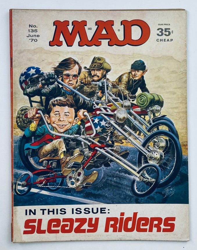 Mad Magazine June 1970 No. 135 Sleazy Riders cover featuring vibrant artwork of characters on motorcycles and a caricatured child figure, capturing the satirical essence of the era.