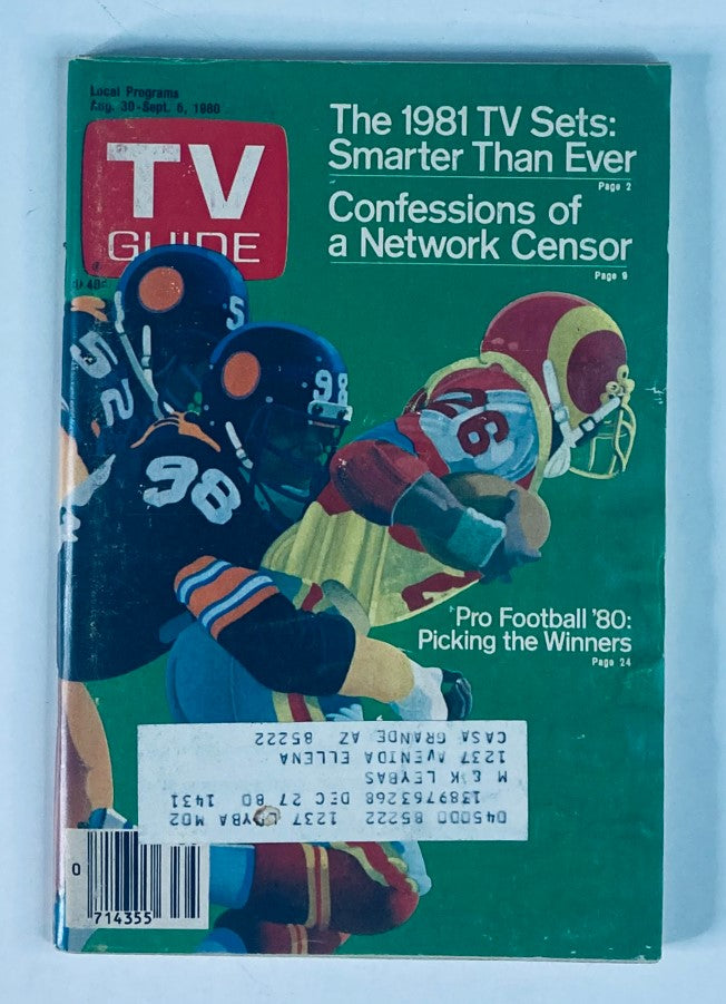 TV Guide Magazine from August 30, 1980, Issue #1431 featuring a cover with football players and the title 'The 1981 TV Sets: Smarter Than Ever' highlighting Mary Crosby from Dallas.