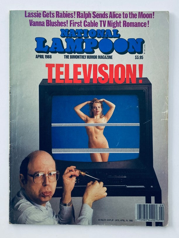 Cover of Vtg National Lampoon Magazine April 1988 featuring comedic illustration related to television and cable TV night romance.