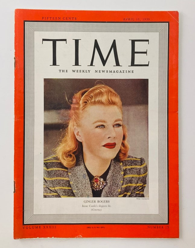 Cover of VTG Time Magazine from April 10, 1939 featuring American actress Ginger Rogers, showcasing Hollywood's golden era.