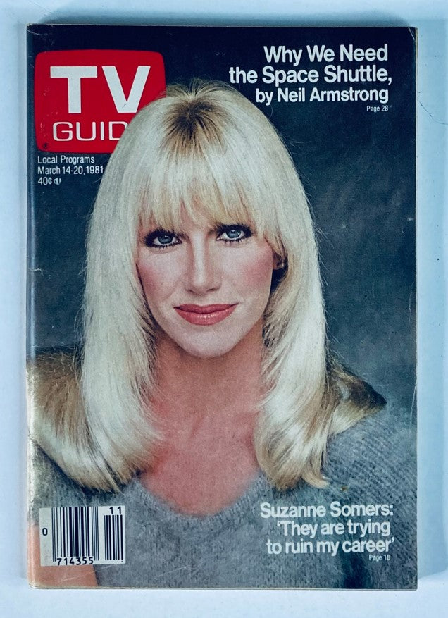 TV Guide Magazine March 14 1981 #1459 featuring a close-up portrait of Suzanne Somers on the cover, showcasing her iconic blonde hairstyle and captivating look, along with headlines including 'Why We Need the Space Shuttle' by Neil Armstrong.