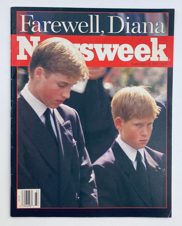 Cover of Newsweek Magazine September 15, 1997 featuring Prince Harry and Prince William at their mother's funeral, highlighting royal grief and historical context.